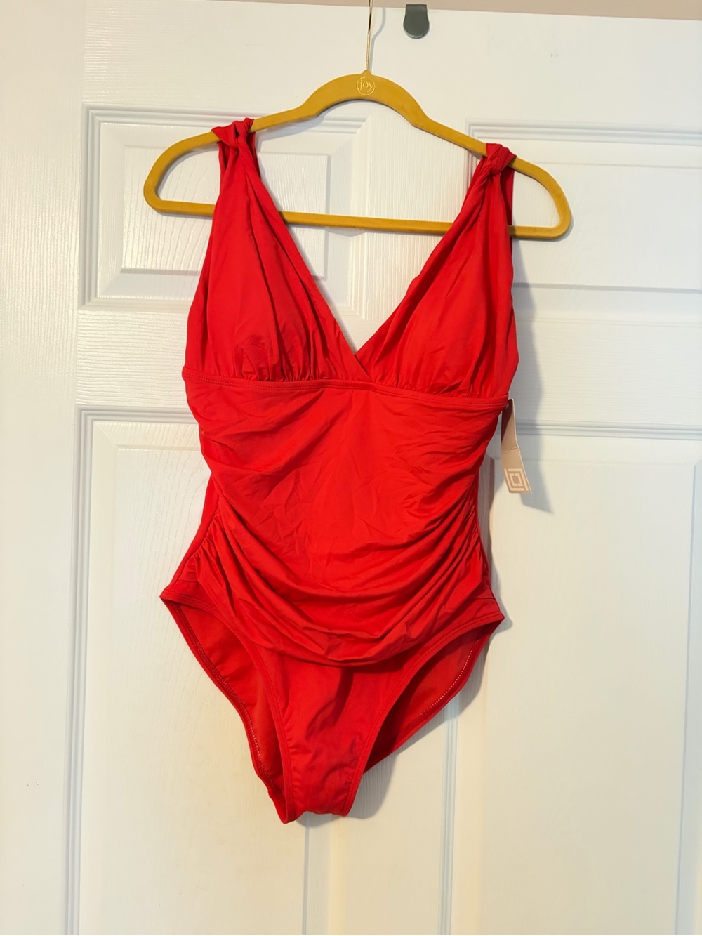 Vintage Liz Claiborne Red One-Piece swimsuit with V-Neck and Gathered Front